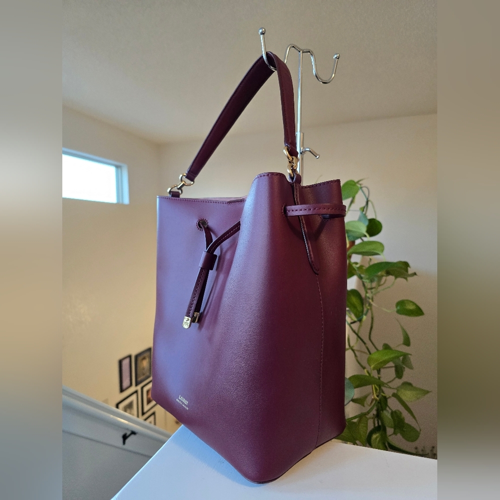 Lauren Ralph Lauren Burgundy Leather Drawstring Satchel - Picture 4 of 16